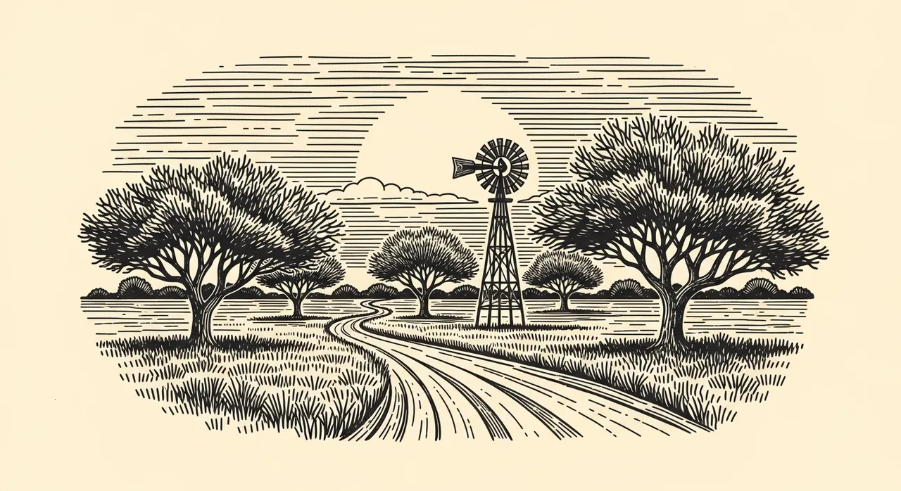 Winding path through fields with trees, windmill, and sun in a vintage style.
