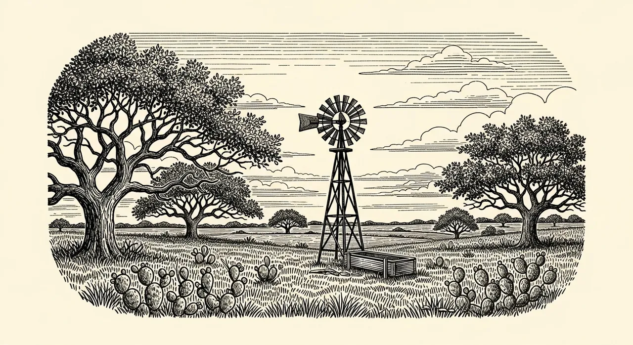 Rural scene with windmill, trees, and cacti under a cloudy sky.